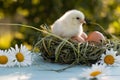 A newly hatched chick sits on eggs in a nest, waiting for its brothers and sisters Royalty Free Stock Photo