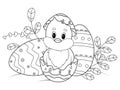 Newly hatched Easter chicken. Children coloring book. Vector.