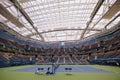 Newly improved Arthur Ashe Stadium with finished retractable roof at the Billie Jean King National Tennis Center ready for US Open