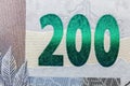 Newly launched 200 Reais brazilian note money bill close up details