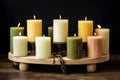 newly made pillar candles drying in a stand Royalty Free Stock Photo