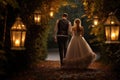 A newly married couple happily walks through a beautiful tunnel of lanterns at their wedding celebration, Newly wed couple walking Royalty Free Stock Photo