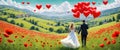 Newly married couple with heart shaped balloons outdoors