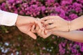 Newly married couple holding hands and wedding rings in the foreground Royalty Free Stock Photo