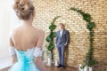 Newly married couple, loving couple before the wedding. Man and woman loving each other. Bride in the turquoise dress and groom Royalty Free Stock Photo