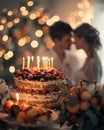 Newly Married Couple Kissing by Cake