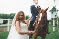 Newly married wedding couple stand with beautiful horse on nature Royalty Free Stock Photo