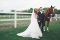 Newly married wedding couple stand with beautiful horse on nature Royalty Free Stock Photo