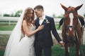 Newly married wedding couple stand with beautiful horse on nature Royalty Free Stock Photo