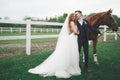 Newly married wedding couple stand with beautiful horse on nature Royalty Free Stock Photo