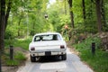 Newly married weding couple driving away in classic car and throws bridal bouquet out the window Royalty Free Stock Photo