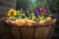 Newly planted pansy flowers in a hanging basket, catching the rich golden hour sunshine. There is an attractive lens flare Royalty Free Stock Photo