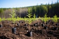 newly-planted saplings in a clearcut forest