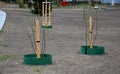 newly planted trees and flower beds onstreet. green plastic Royalty Free Stock Photo