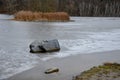 Newly reclaimed and landscaped pond shores. gradual lines and headlands were shaped artificially by excavators. solitary boulder o