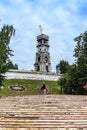 Russia Kostroma July 2020. Bell tower of the reconstructed cathedral and a view of the stairs on the embankment.