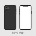 Newly released Black Smartphone 11 Pro, frond and back sides isolated on gray.