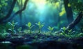 Newly sprouted plants in a lush forest with soft sunlight filtering through trees Royalty Free Stock Photo