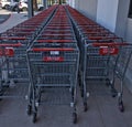 Newly stocked shopping carts at the entrance of the Chino, California Stater Bros. grocery store