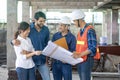 Newly wed couple is meeting with engineering contractor at their under construction house to inspect the building progress and