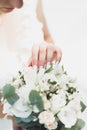 Newly wed couple& x27;s hands with wedding rings Royalty Free Stock Photo