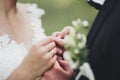 Newly wed couple& x27;s hands with wedding rings Royalty Free Stock Photo