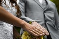 Newly wed couple`s hands with wedding rings