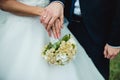 Newly wed couple's hands with wedding rings