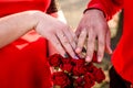 Newly wed couple`s hands with wedding rings Royalty Free Stock Photo