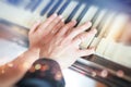 Newly wed couple`s hands with wedding rings. newlyweds showing their wedding rings on piano Royalty Free Stock Photo