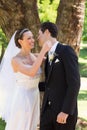 Newly wed couple about to hug in garden Royalty Free Stock Photo