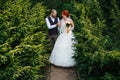 Newly wed couple walking through space between junipers in a park Royalty Free Stock Photo