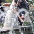 Newly wedded behind fountain