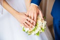 A newly weding couple place their hands on a wedding bouquet showing their wedding rings