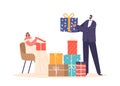 Newlywed Characters Eagerly Unwrap Gifts Sharing Joyful Moments As They Reveal Thoughtful Presents, Vector Illustration