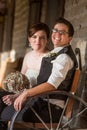 Newlywed Couple on Antique Bench Royalty Free Stock Photo