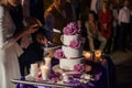 Newlywed couple carving delicious white wedding cake