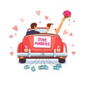 Newlywed couple is driving car for their honeymoon Royalty Free Stock Photo