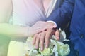 The newlywed couple is holding a beautiful wedding bouquet. Classical wedding photography, symbolizing unity, love and the creati