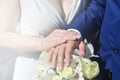 The newlywed couple is holding a beautiful wedding bouquet. Classical wedding photography, symbolizing unity, love and the creati