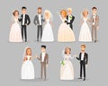 Newlywed couples flat vector illustrations set. Wedding day bride and groom standing and smiling cartoon characters pack