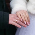 Newlywed couples hands with wedding rings.