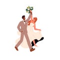 Newlywed family celebrates marriage. Happy interracial couple holds hands, carries bridal flower bouquet. Cute bride in