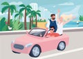 Newlywed riding car flat color vector illustration Royalty Free Stock Photo