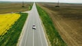 A newlywed wedding couple is driving a convertible retro car on a country straight road for their honeymoon. Way on spring field Royalty Free Stock Photo