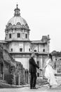 Newlyweds in the city. Happy married couple. Black and white Royalty Free Stock Photo