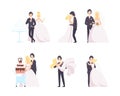 Newlyweds Couple as Just Married Male and Female in Wedding Dress and Suit Cutting Cake and Dancing Vector Set Royalty Free Stock Photo