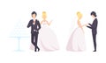 Newlyweds Couple as Just Married Male and Female in Wedding Dress and Suit Putting Ring and Drinking Champagne Vector Royalty Free Stock Photo