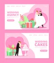 Newlyweds couple vector illustrations set for wedding agency.