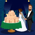 Newlyweds Cutting Wedding Cake Vector Illustration Royalty Free Stock Photo
